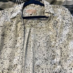 White and black print button up
